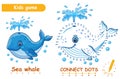 Cute sea whale animal, connect dots numbers children education puzzle game. Swim water fish. Draw picture. Kid coloring worksheet Royalty Free Stock Photo