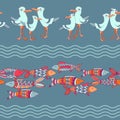 Cute seagull and fish. Seamless pattern with cartoon animals. Vector. Royalty Free Stock Photo