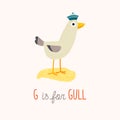 Cute seagull. G is for gull. ABC Kids Wall Art. Alphabet Card. Nursery alphabet poster. Playroom decor. Cartoon hand