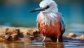 A cute seagull perching on the sand, looking at the fish generated by AI