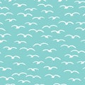 Cute seagulls flying in summer sky. Marine animal bird seamless vector background. Hand drawn sealife tile. All over print kids Royalty Free Stock Photo