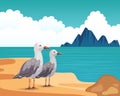 Cute seagulls on a sandy island against the backdrop of a seascape. Summer illustration vector