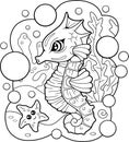 Cute seahorse, coloring book, funny illustration