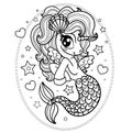 Cute seahorse unicorn. Black and white linear drawing. Vector