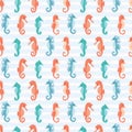 Cute seahorses cartoon illustration pattern. Hand drawn ocean animals seamless vector background. Nautical beach wear, under the