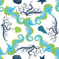Cute seahorses cartoon seamless pattern. Hand drawn ocean animals. Nautical beach, Sea life fun underwater