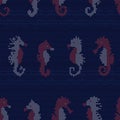 Cute seahorses knitting stitch illustration pattern. Hand drawn ocean animals seamless vector background. Nautical beach