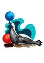 Cute seal playing a ball - illustration