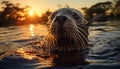 Cute seal swimming in the sunset, wet fur glistening generated by AI Royalty Free Stock Photo