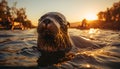 Cute seal swimming in the sunset, wet fur glistening generated by AI Royalty Free Stock Photo