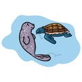 Cute seal and turtle clipart. Hand drawn ocean life