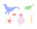 Cute Seal, Turtle, Jellyfish, Starfish and Seahorse as Sea Animal Floating Underwater Vector Set Royalty Free Stock Photo