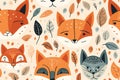 Cute seamless autumn pattern of fox cubs' muzzles on a forest background with leaves and dots. Generative AI