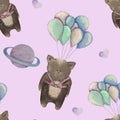 Cute seamless baby pattern with bears on balloons, planets and hearts in a watercolor style on pink background