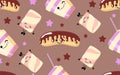 Cute seamless background with eclairs and marshmallows. coffee color