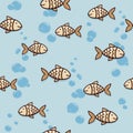Cute seamless background with goldfish, bubbles and waves.