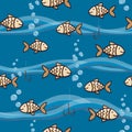 Cute seamless background with goldfish, bubbles and waves.