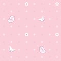Cute seamless background with pink birds, butterflies, flowers. Polka dot pattern.