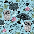 Cute seamless background with smart owls and umbrellas.