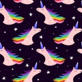 Cute seamless background with unicorns. rainbow colors unicorns, repeating pattern for fabric, wrapping paper, wallpaper.