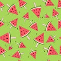 Cute seamless background with watermelon slices. Watermelon on a stick. Summer time. Vector Royalty Free Stock Photo