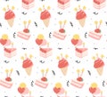 Cute seamless birthday bekery cake pattern illustration isolated on white background. Ideal for invitations, cards, festive