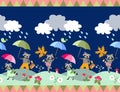 Cute seamless border with fairy tale raccoons and umbrellas.