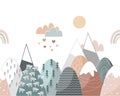Cute seamless border pattern with doodle hand drawn mountains and clouds. Creative children texture for kids textiles Royalty Free Stock Photo