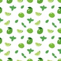 Cute seamless bright pattern of citrus fruits and mint leaves on a white background. Print with whole lime, slices. A Royalty Free Stock Photo