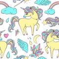 Cute seamless childish pattern with unicorns, moon, crystals. Perfect texture for fabric, wrapping paper, textile, wallpaper,