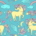 Cute seamless childish pattern with unicorns, moon, crystals. Perfect texture for fabric, wrapping paper, textile, wallpaper,