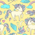 Cute seamless childish pattern with unicorns, moon, crystals. Perfect texture for fabric, wrapping paper, textile, wallpaper,