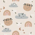 Cute seamless childish simple pattern for kids with cute moons and stars in Scandinavian style. Baby pattern with night