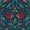 Cute seamless Christmas pattern with squirrels, bullfinches and winter flora. Vector