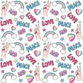 Cute seamless colorful vector pattern background illustration with peace and love lettering textand symbols: hearts, rainbows, fem Royalty Free Stock Photo