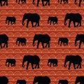 Cute seamless elephants pattern with geometric sunset background.