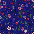 Cute seamless floral pattern with berries, herbs and flowers in doodling style.