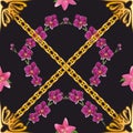 Cute seamless floral pattern on black background. Golden chain, luxury ornamental object. - Vector Royalty Free Stock Photo