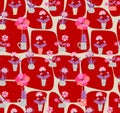 Cute seamless floral pattern with homeplants in funny flowerpots on red patchwork background. Vector illustration