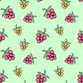 Cute seamless green polka dot background with raspberries, dewberry and bramble