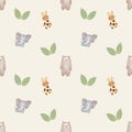 Cute seamless hand drawn watercolor giraffe bear elephant and leaves pattern Royalty Free Stock Photo