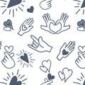 Cute seamless love pattern with Hands love language signs on romantic blue color. Hand drawn in doodle, cartoon style