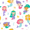 Cute seamless mermaids pattern. Funny little underwater princesses with fishes tails, cartoon seaweed, shells. Fairy Royalty Free Stock Photo