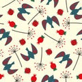 Cute seamless nature pattern with birdie, ladybug, rose hip, dandelion.