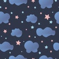 Cute seamless night sky pattern with cartoon clouds. Vector illustration Royalty Free Stock Photo