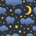 Cute seamless night sky pattern with cartoon clouds. Vector illustration Royalty Free Stock Photo