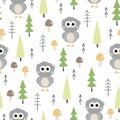 Cute seamless owl pattern. Childish texture with owls, trees and mushrooms.