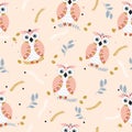 Cute seamless owls and flowers pattern.
