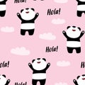 Cute seamless panda pattern on pink background