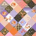 Cute seamless patchwork pattern with foxes, birds, flowers and trees. Quilting design